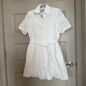 NWT ZARA women’s white eyelet short sleeve button down collared shirt dress XS